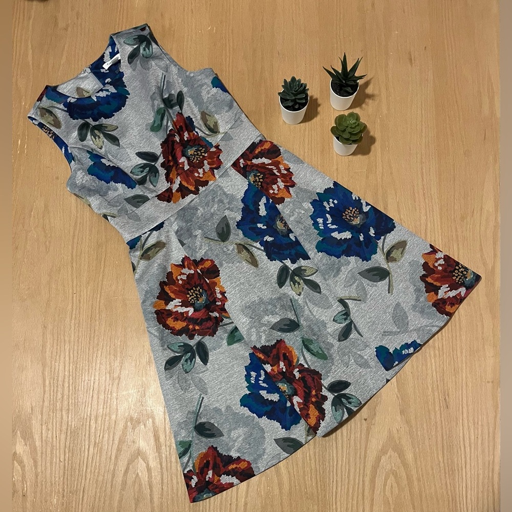 Calvin Klein Fit and Flare Grey Floral Sleeveless Dress